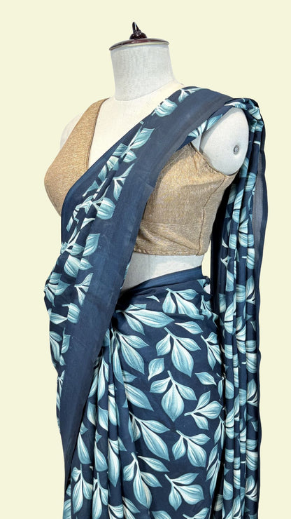Navy Blue Leaf Printed Synthetic Saree