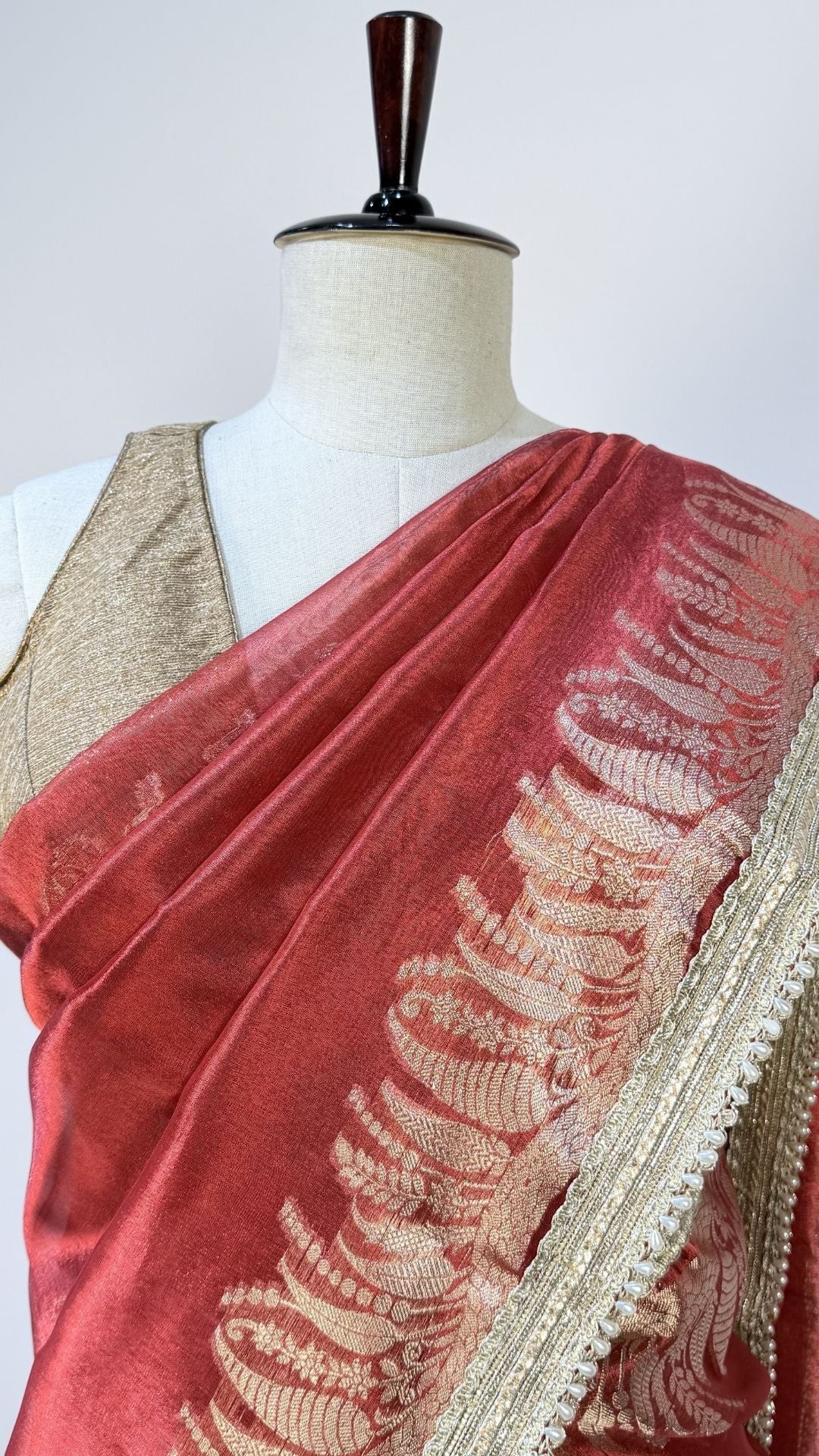 Red Tissue Saree with Rich Zari Border & Moti Lace