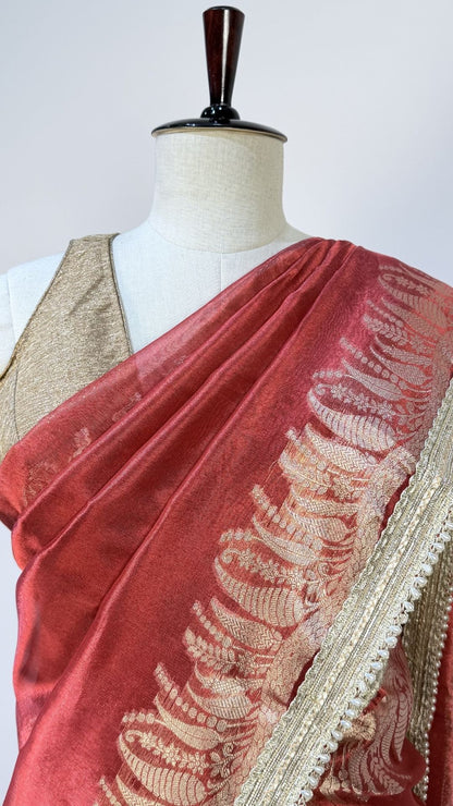 Red Tissue Saree with Rich Zari Border & Moti Lace