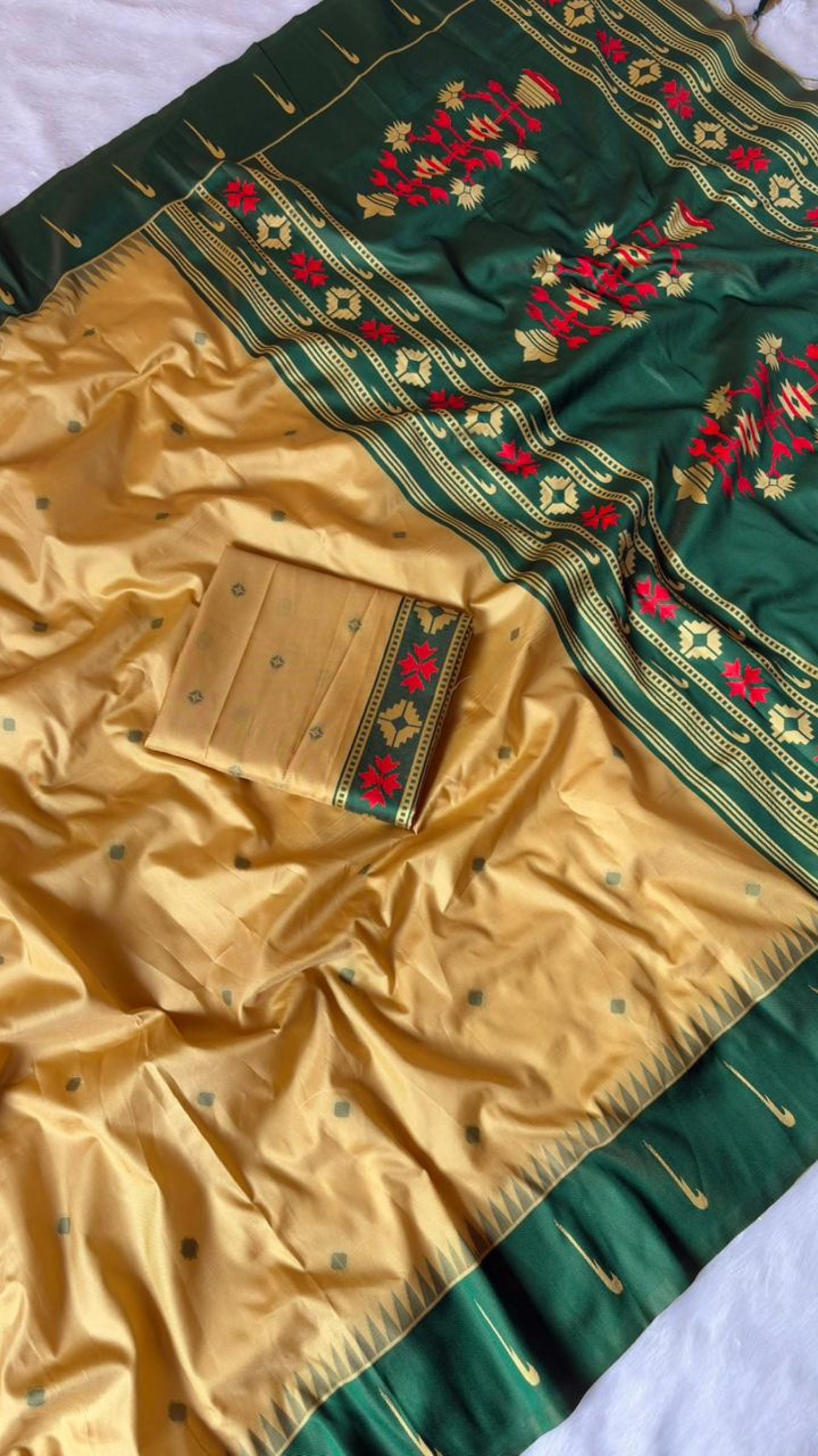 Cream & Mustard Silk Saree with Traditional Dark Green Zari Pallu