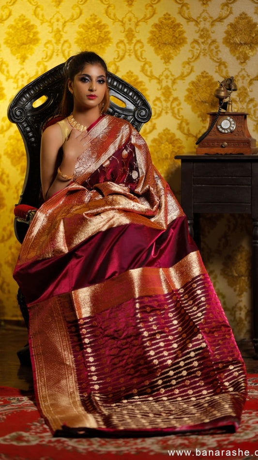 Mangal Maroon Katan Silk Banarasi Saree