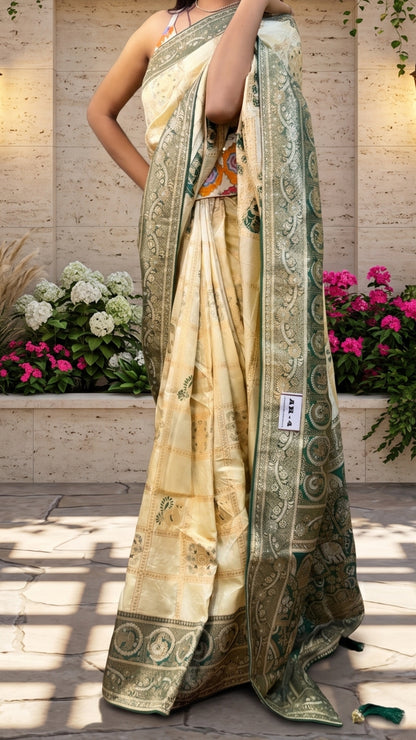 The Royal Ivory & Bottle Green Banarasi Soft Silk Saree