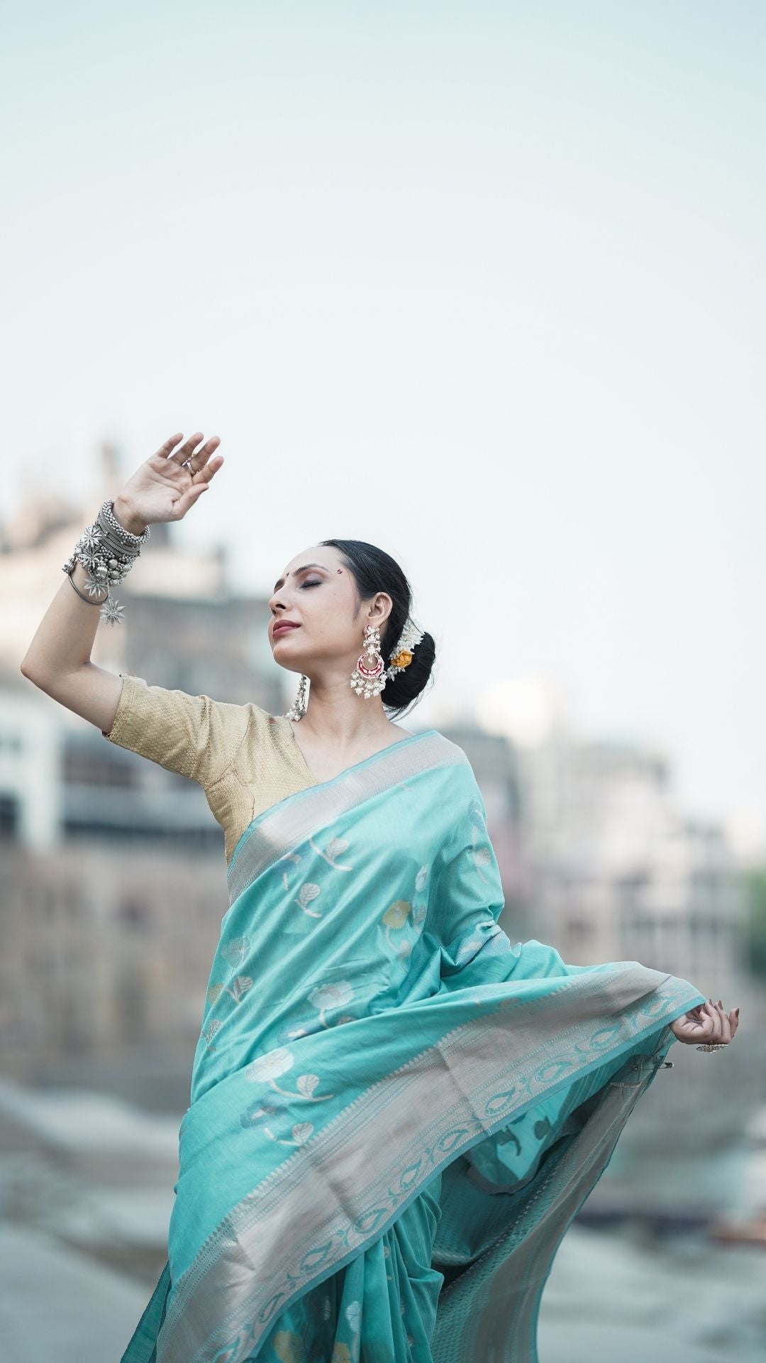 Banarashe Sky Blue Mercerised Cotton Alfi Saree with Silver Zari Work