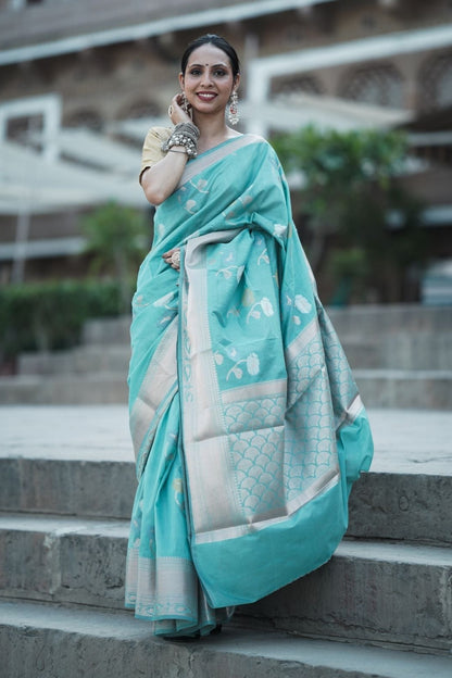 Banarashe Sky Blue Mercerised Cotton Alfi Saree with Silver Zari Work