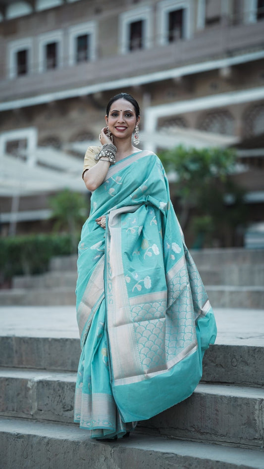 Banarashe Sky Blue Mercerised Cotton Alfi Saree with Silver Zari Work