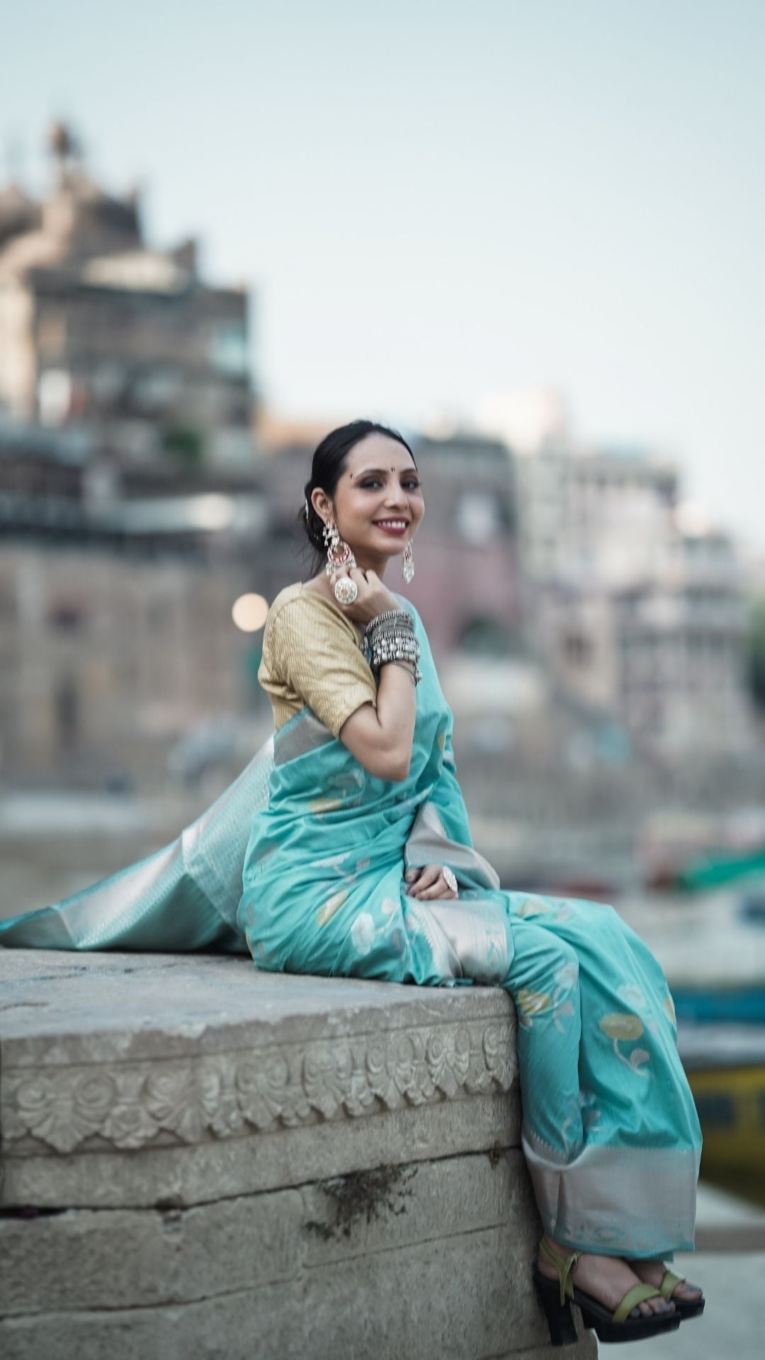 Banarashe Sky Blue Mercerised Cotton Alfi Saree with Silver Zari Work