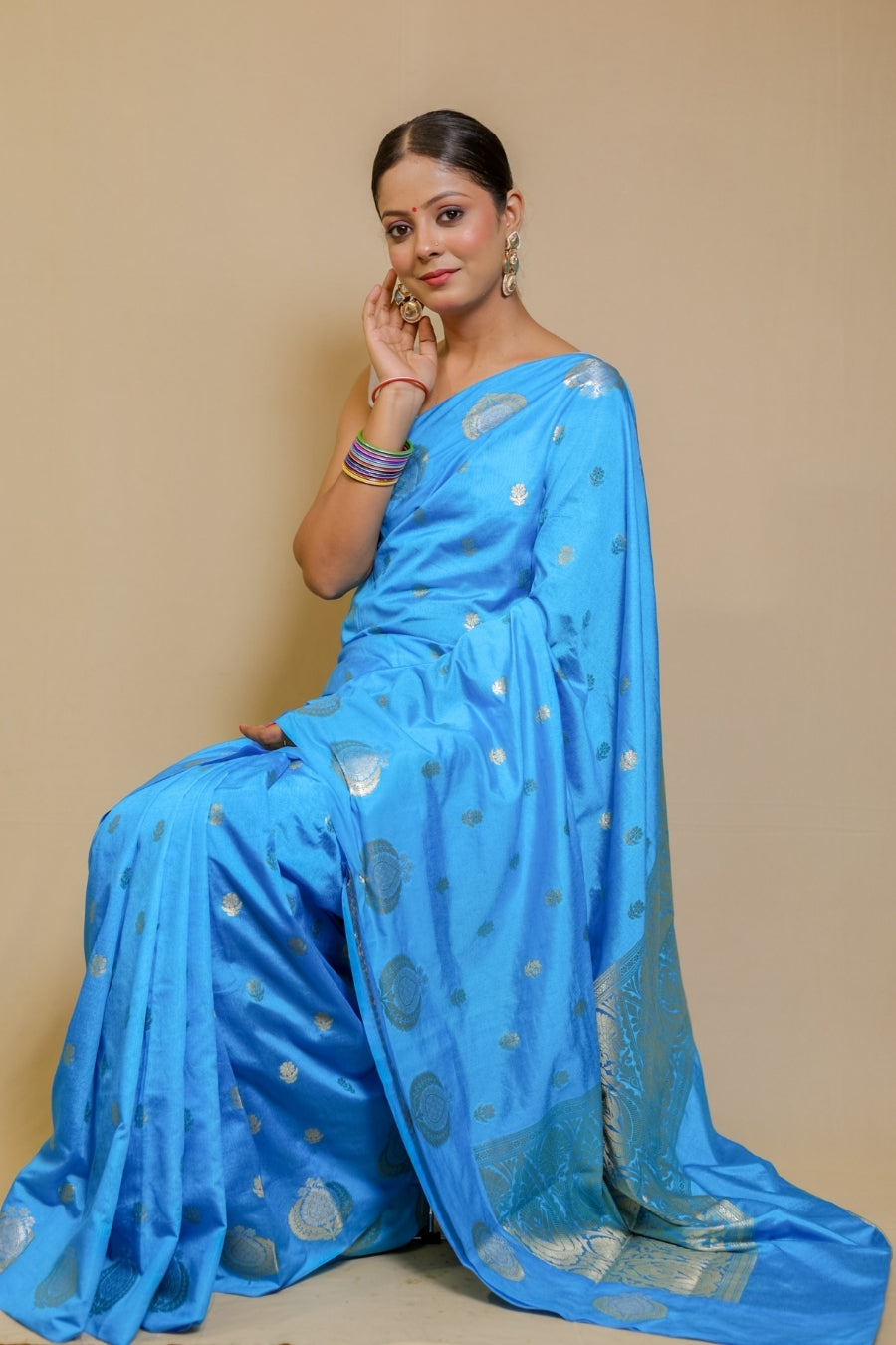 Bright Azure Blue Banarasi Pure Kataan Mango Silk Saree with Silver Zari Motifs
