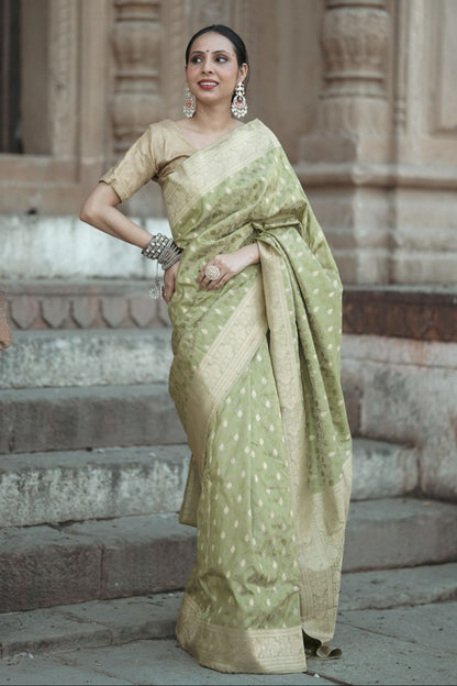 Banarashe Pure Silk Handloom Tanchoi Zari Booti Saree in Sage Green