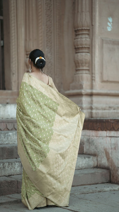 Banarashe Pure Silk Handloom Tanchoi Zari Booti Saree in Sage Green