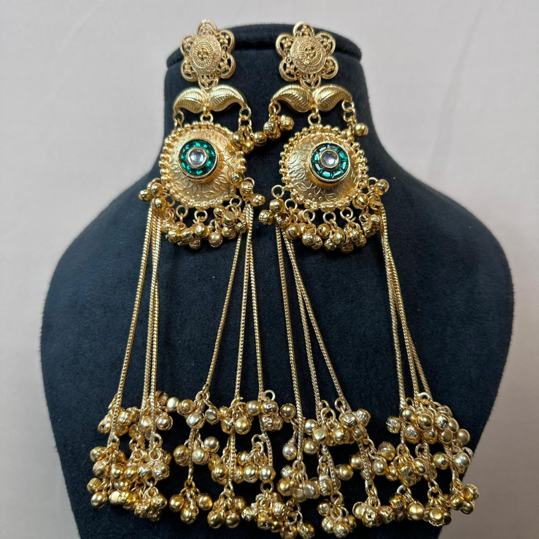 Banarashe Royal Bloom Earrings Green & White Gemstone Temple Danglers