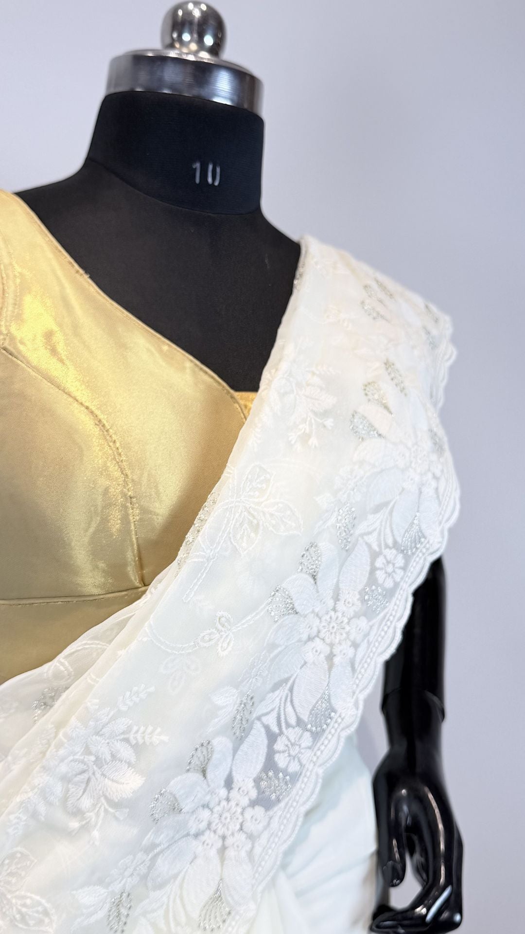 White Semi Chikankari Embroidered Saree with Floral Border Work
