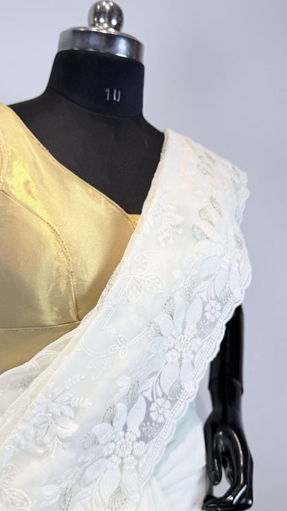 White Semi Chikankari Embroidered Saree with Floral Border Work