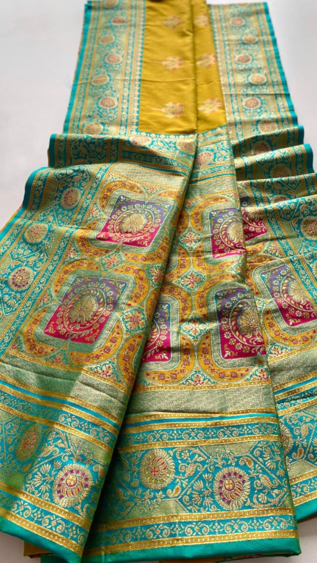 Radiant Mustard & Sea Green Premium Banarasi Silk Saree