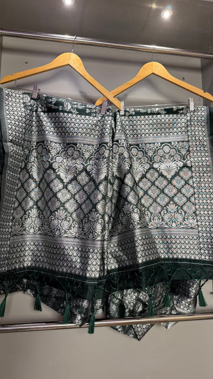 Banarashe Pure Cotton Banarasi Saree in Deep Green with Village Scene Weave