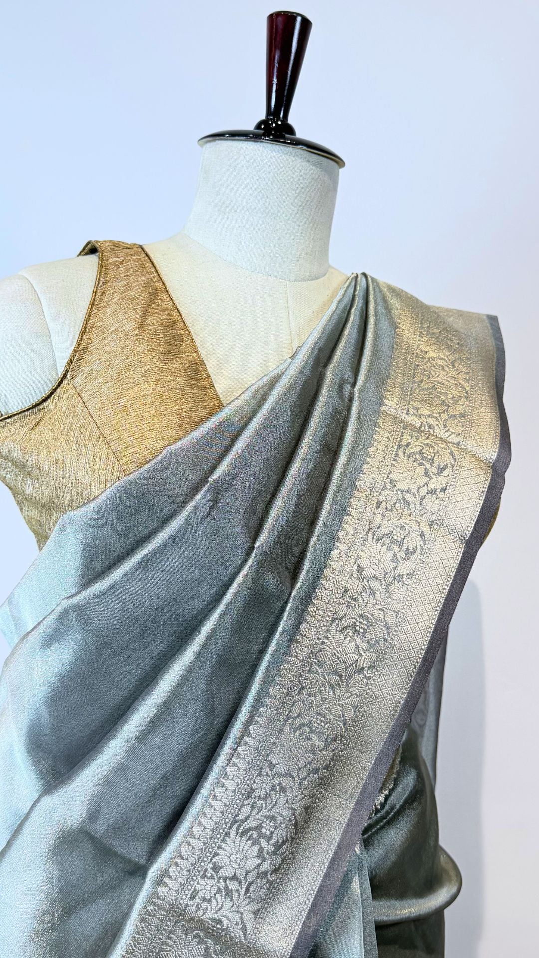 Grey Tissue Saree with Rich Gold Zari Border