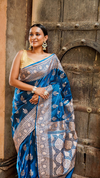 Midnight Peacock Blue Banarasi Silk Saree with Silver Zari Elegance
