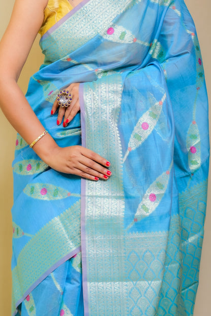 Majestic Aqua Blue Banarashe Pure Mercerised Cotton Silk Saree with Zari Motifs