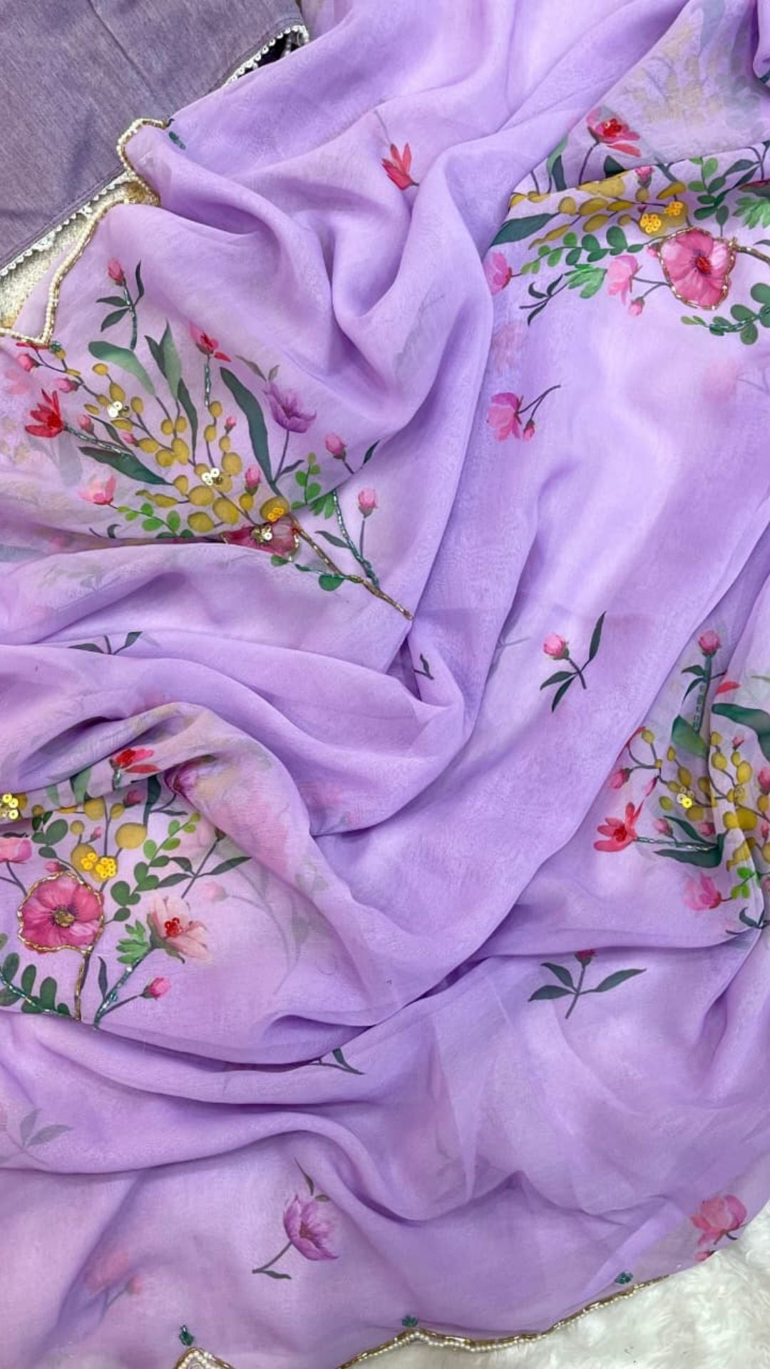 Blush Pink Floral Tabby Silk Saree with Handworked Sequins & Katdana Border