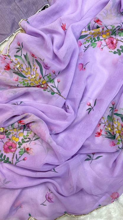 Blush Pink Floral Tabby Silk Saree with Handworked Sequins & Katdana Border