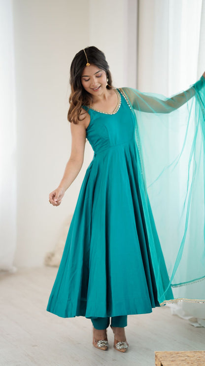 Rama Green Chanderi Silk Anarkali Suit with Dupatta for Women