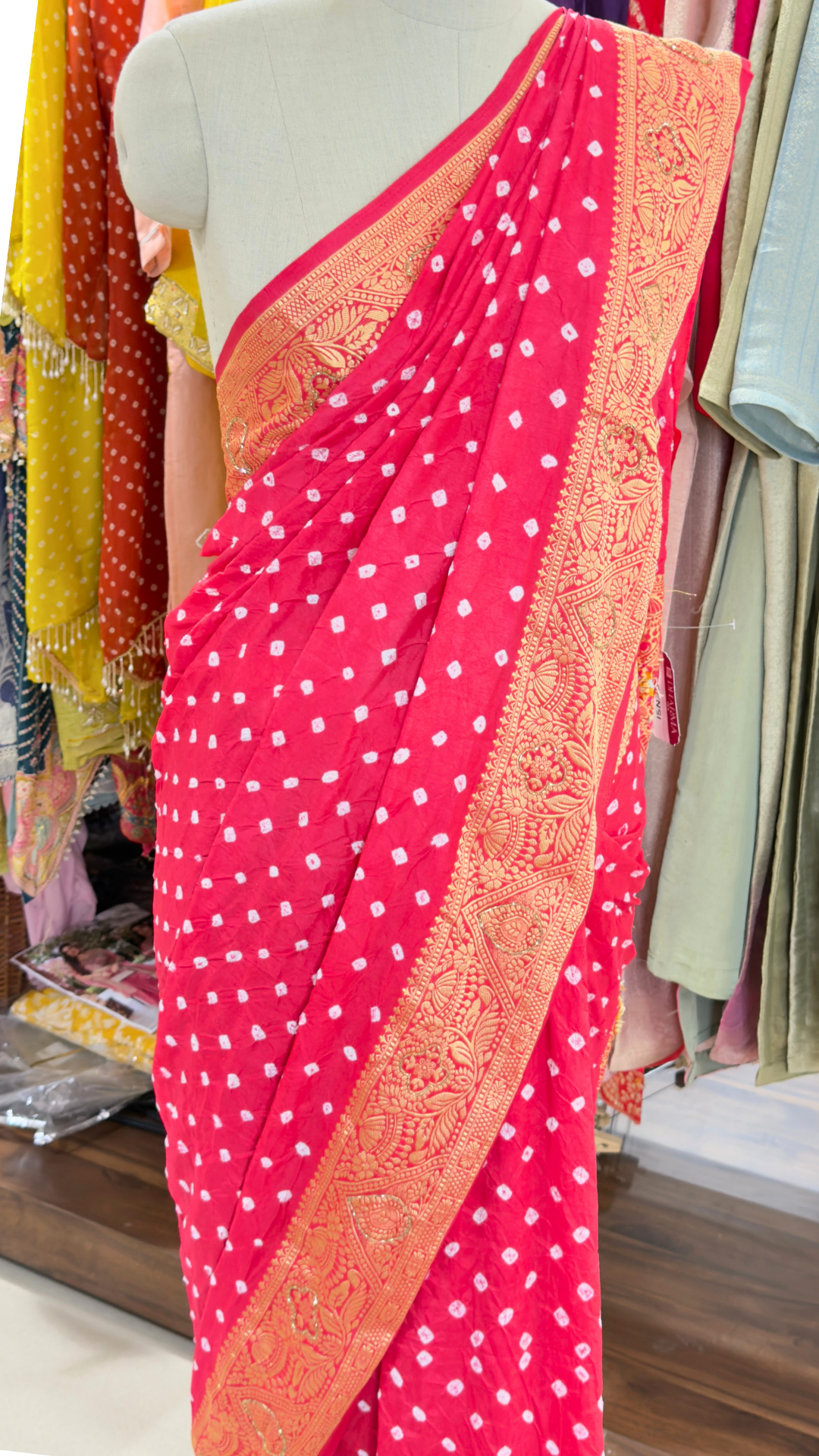 Banarashe Women’s Rani Pink Banarasi Saree with White Buti & Golden Floral Woven Border