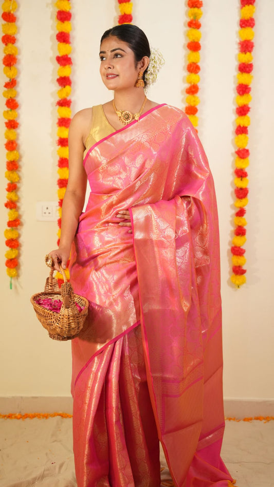 Pink Pure Katan Silk kanjivaram Handloom Banarasi Brocade Saree