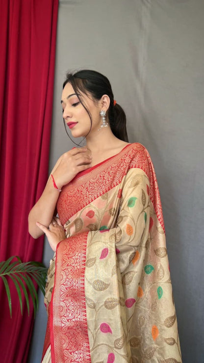 Gold Organza Tissue Silk Saree with Multicolor Buti & Red Zari Border