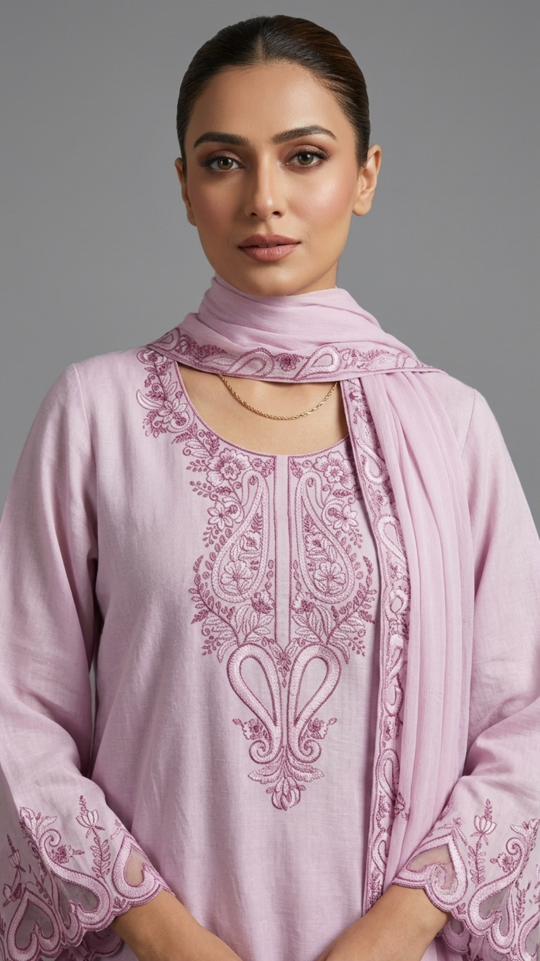 Banarashe Women’s Light Pink Embroidered Straight Kurta with Palazzo Pants & Matching Dupatta Set