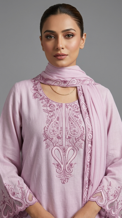 Banarashe Women’s Light Pink Embroidered Straight Kurta with Palazzo Pants & Matching Dupatta Set