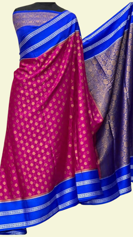 Pink Raw Mango Silk Saree with Zari Booti Work & Royal Blue Designer Border