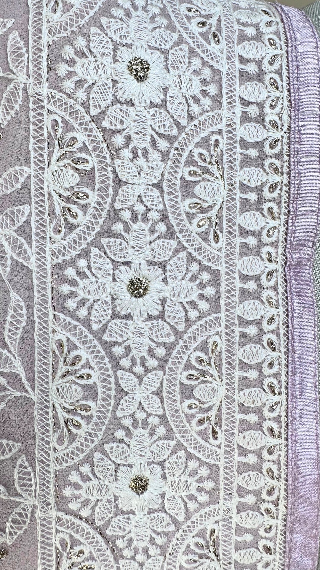 Elegant baby pink chikankari Saree with White Floral Embroidery,