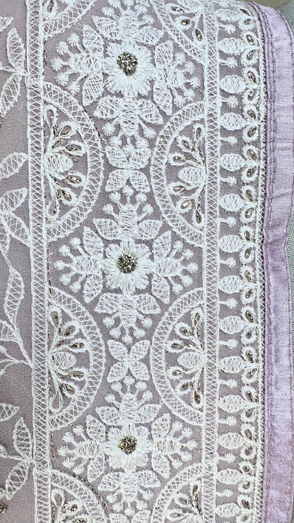 Elegant baby pink chikankari Saree with White Floral Embroidery,