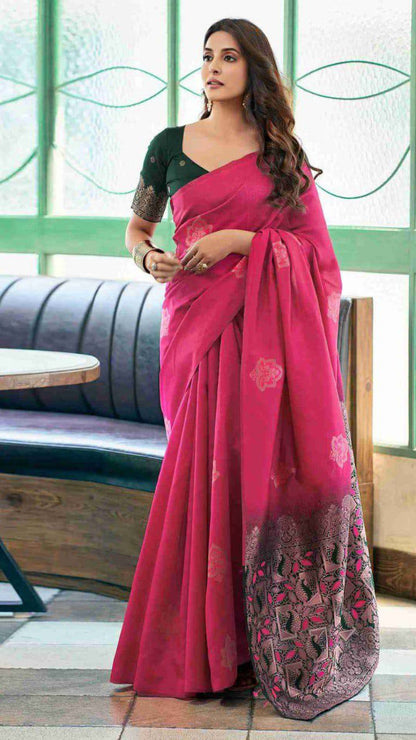 Rani Pink Soft Lichi Silk Saree with Rich Jacquard Pallu & Contrast Blouse