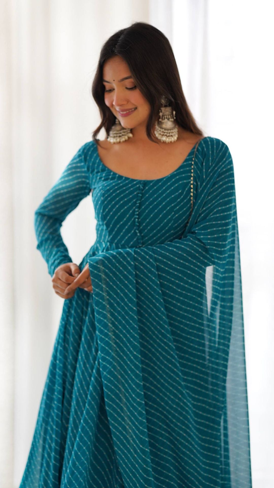 Rama Blue Fox Georgette Laheriya Anarkali Set with Dupatta