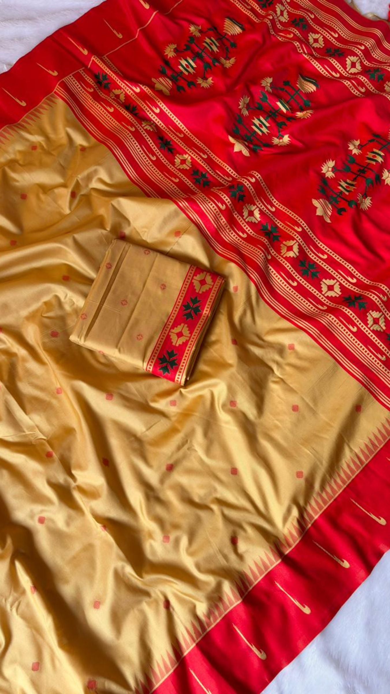 Rich Red & Golden Beige Handloom Soft Silk Saree with Zari Floral