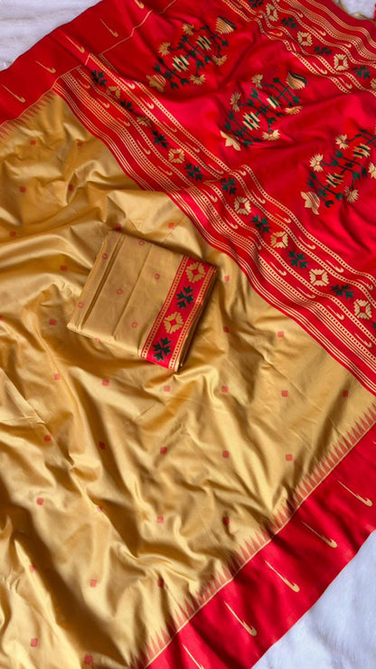 Rich Red & Golden Beige Handloom Soft Silk Saree with Zari Floral