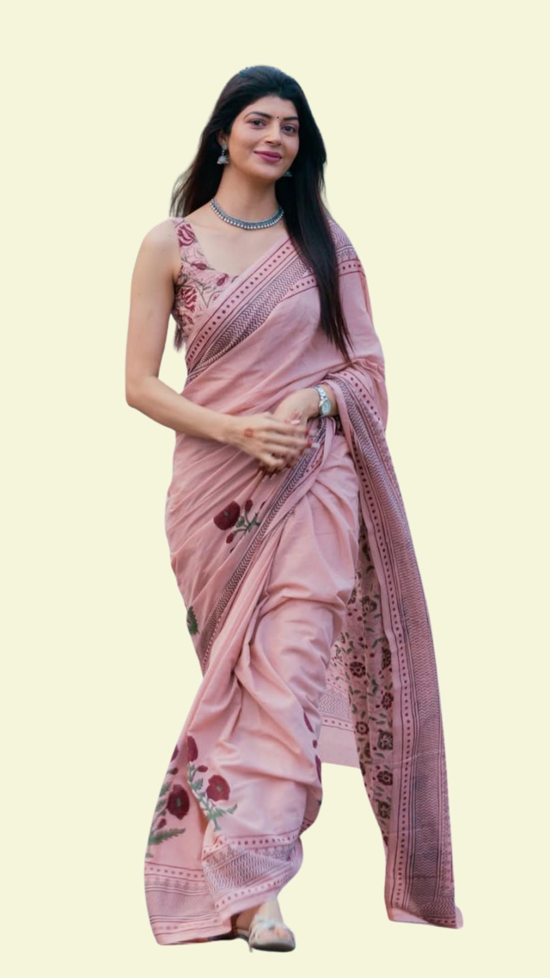 Soft Pink Floral Print Linen Cotton Saree