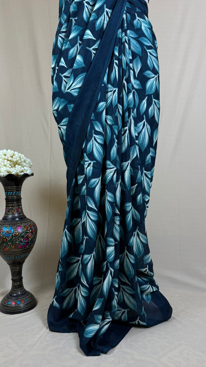 Elegant Navy Blue Leaf Print Georgette Saree with Blouse Piece – Lightweight Party Wear & Casual Saree for Women