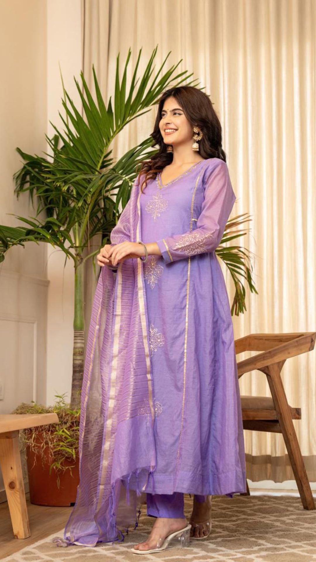 Lavender Premium Mul Chanderi Embroidered Anarkali Kurta Pant Set with Banarasi Dupatta