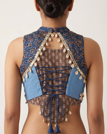 Blue Kalamkari Printed Halter Blouse with Cowrie Shells
