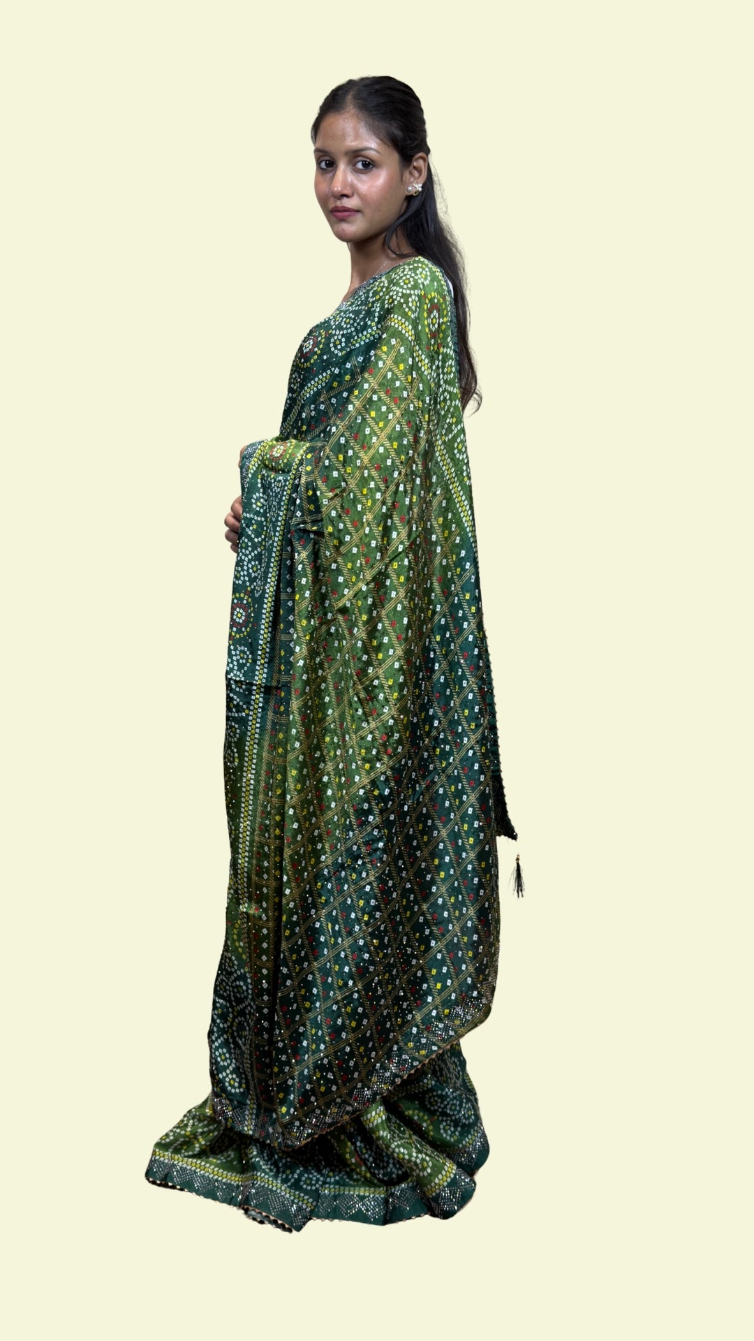 Dark Green Bandhani Print Embellished Soft Silk Saree