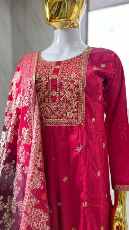 Royal Akshara Anarkali Set – Banana Silk with Banarasi Dupatta