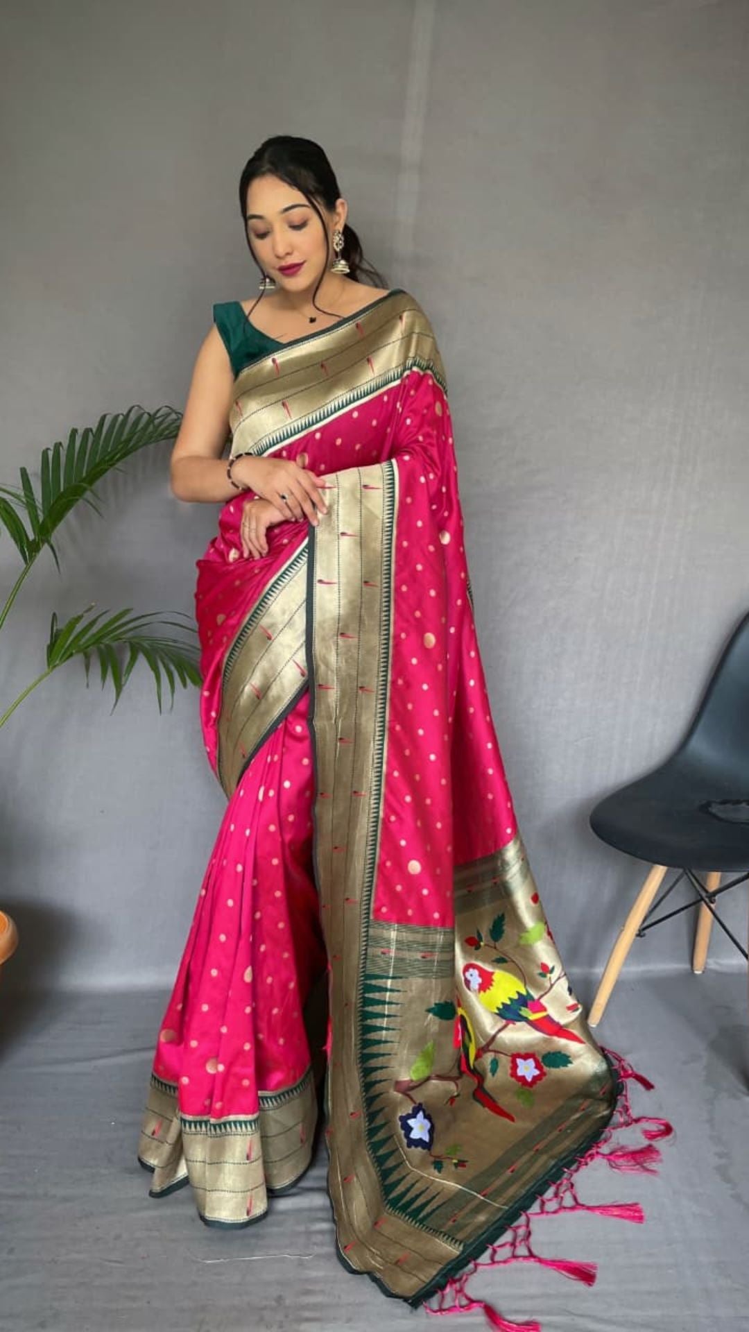 Rani Pink Polka Paithani Silk Saree with Rich Bird Motif Pallu & Tassels