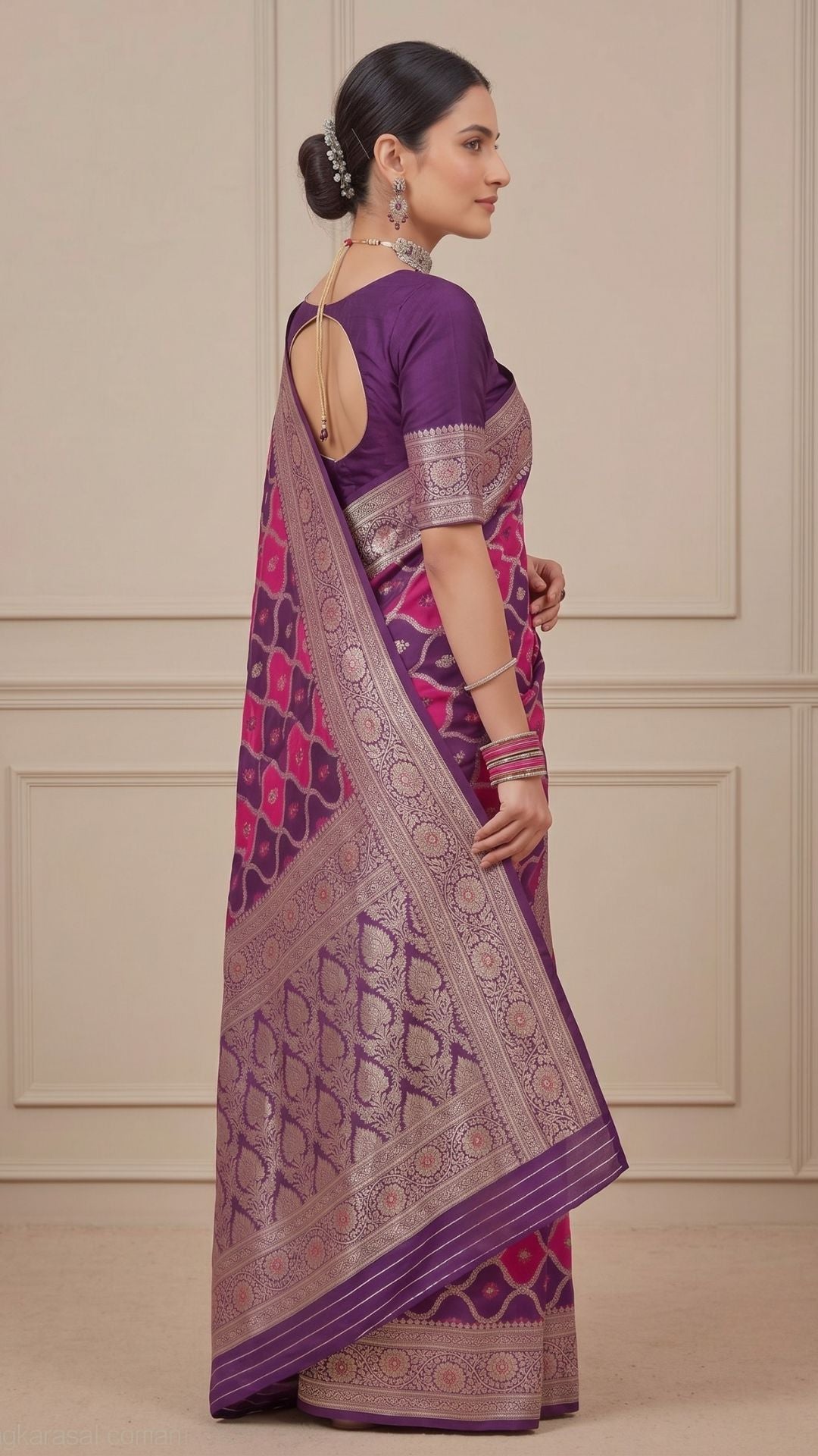 Banarashe Purple & Pink Mashru Silk Saree with Intricate Floral Woven Border & Traditional Motifs