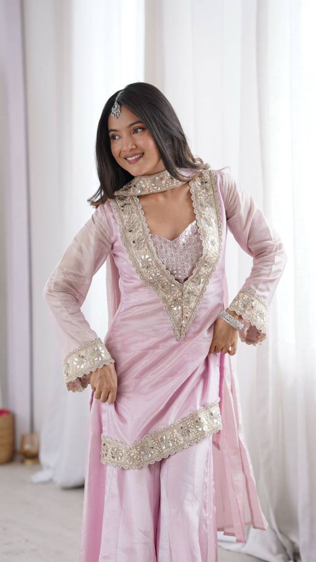 Pink Mirror Work Palazzo Suit Set for Women