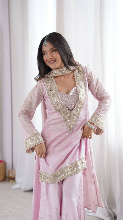 Pink Mirror Work Palazzo Suit Set for Women