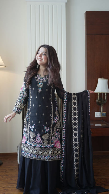Midnight Black Embroidered Georgette Gown Set with Plazzo & Dupatta