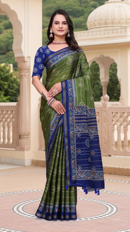 Elegant Green Mal Cotton Saree with Blue Designer Pallu & Woven Prints