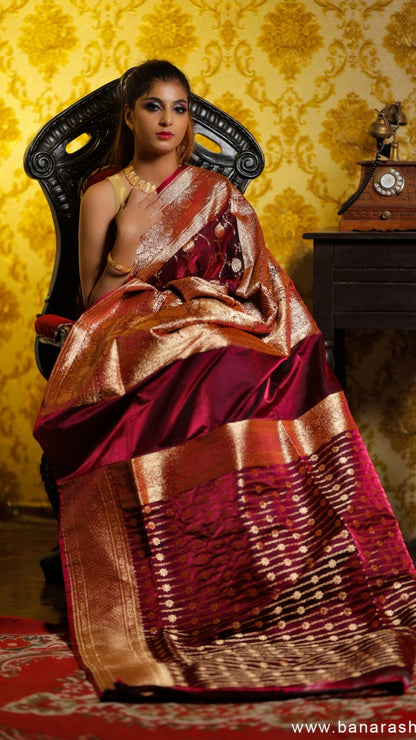 Mangal Maroon Katan Silk Banarasi Saree