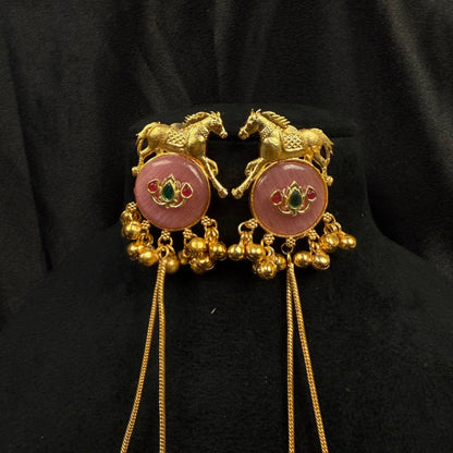 Gold Tone Horse Motif Earrings with Pink Stone, Dangling Chain Drops